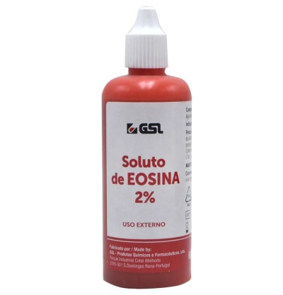 Frasco plástico vermelho com rótulo branco de Soluto de EOSINA 2%