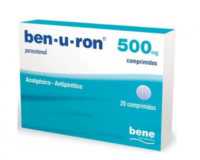 Embalagem de comprimidos ben-u-ron 500 mg, paracetamol, branca e azul