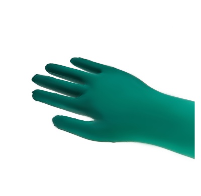 Luva de proteção verde da mão esquerda em fundo branco