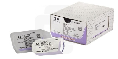 Fio cirúrgico Vicryl Quartz 2-0 com agulha em rolos e embalagem branca e lilás
