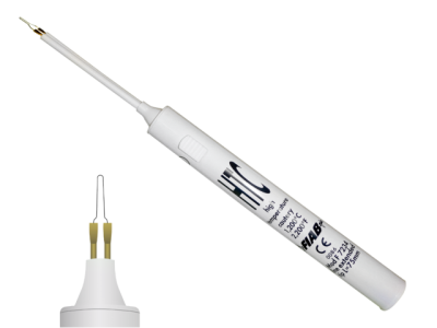 Caneta de soldar elétrica branca com ponta fina metálica e texto impresso no corpo