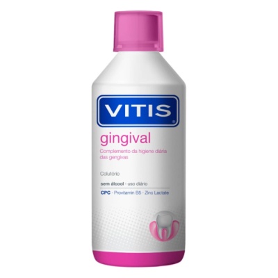 Frasco de colutório Vitis Gingival com tampa rosa e texto em azul e rosa.