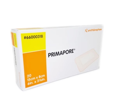 Caixa de pensos rápidos PRIMAPORE branco com texto e detalhes amarelos e laranja.