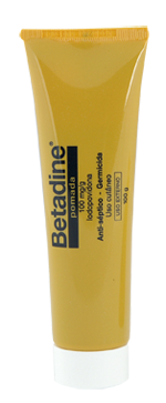 Tubo amarelo de pomada Betadine com texto e tampa branca