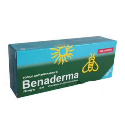 Embalagem do medicamento Benaderma, gel anti-histamínico 50 g, azul e verde