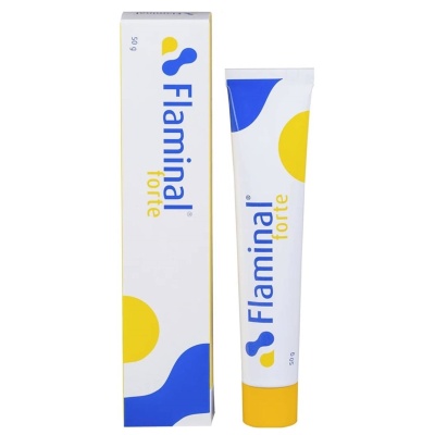 Embalagem e tubo creme Flamina forte branco com detalhes amarelo e azul