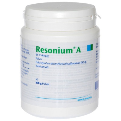 Frasco branco de plástico com rótulo azul e verde do produto Resonium A