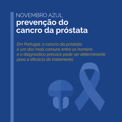 Cartaz informativo Novembro Azul sobre prevenção do cancro da próstata com fundo azul e laço azul