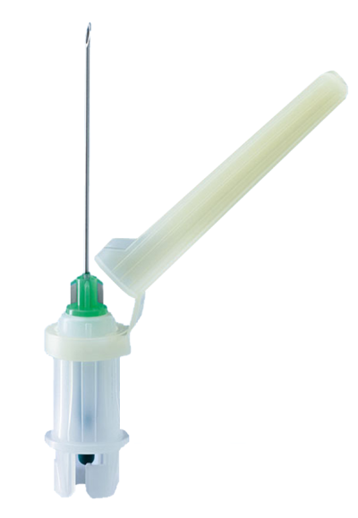 Agulha médica com base plástica branca e verde e tampa plástica branca translúcida