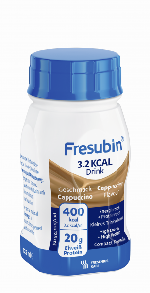 Frasco branco de bebida Fresubin 3.2 KCAL Cappuccino com tampa azul
