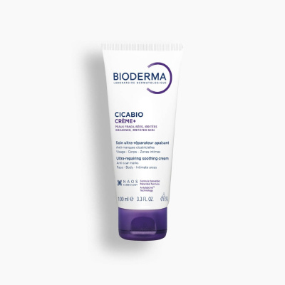 Creme cicatrizante Bioderma Cicabio Crème+ em tubo branco com tampa roxa