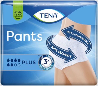 Embalagem azul de TENA Pants Plus com imagem de roupa interior absorvente branca.