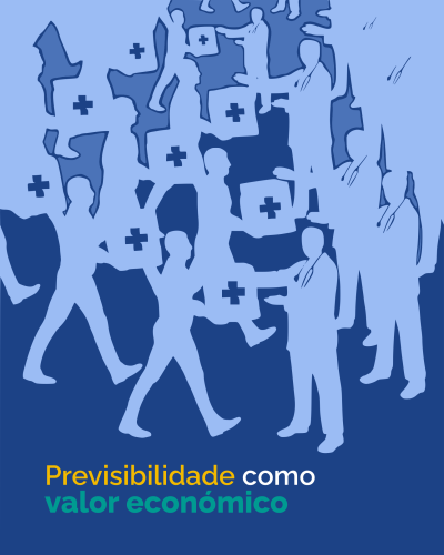 Ilustração em azul de pessoas com quadros e texto Previsibilidade como valor económico