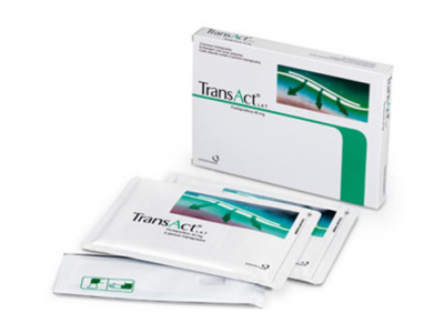 Caixa e invólucros do produto TransAct com design branco, verde e preto