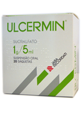 Embalagem de medicamento ULCERMIN com sucralfato 1g/5ml, suspensão oral, 20 saquetas