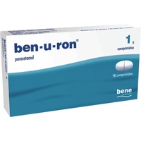 Embalagem azul e branca de comprimidos ben-u-ron com paracetamol