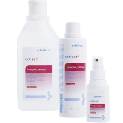 Três frascos brancos com rótulos de solução cutânea octiset da schülke