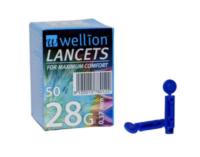 Caixa azul com lancetas azuis para medição