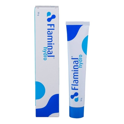 Tubo e caixa de creme Flaminal Hydro 50 g em branco com azul.