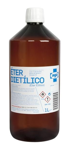 frasco de plástico castanho com tampa branca e etiqueta azul e branca de éter dietílico