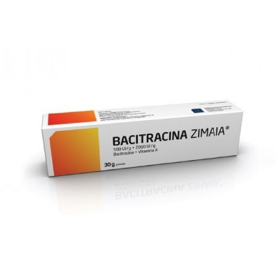 Embalagem de creme Bacitracina Zimaia 30g com texto e cores laranja, vermelho e branco
