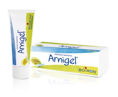Gel Arnigel Boiron em tubo branco com embalagem caixa azul, branca e amarela