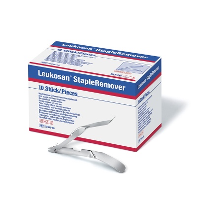 desmanchador de grampos metálico à frente de caixa branca azul e vermelha Leukosan StapleRemover