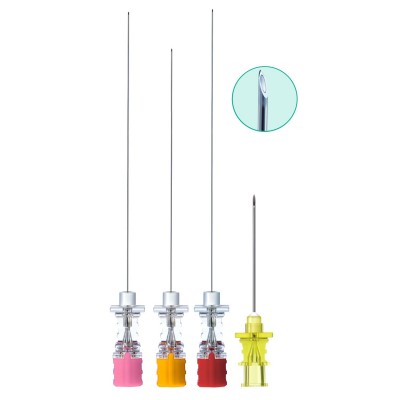 Conjunto de quatro agulhas médicas coloridas com ponta em ângulo