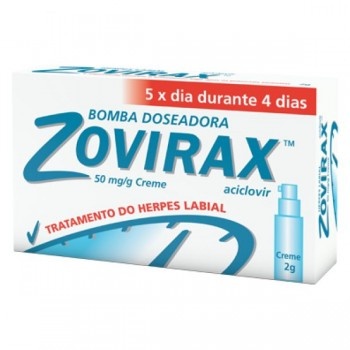 Embalagem de creme Zovirax bomba doseadora 2g para herpes labial