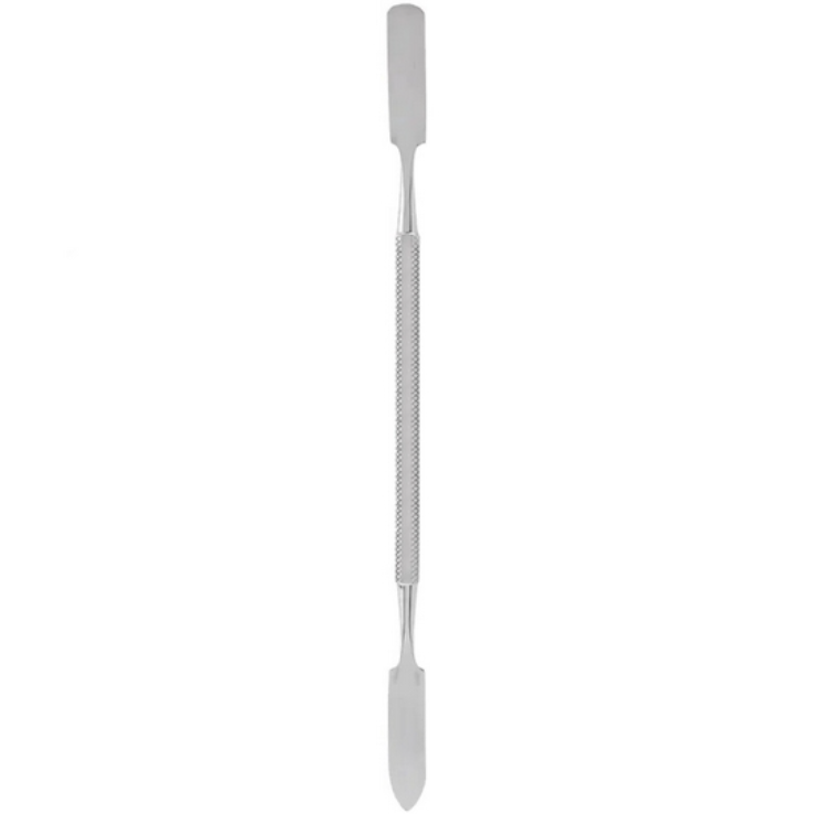 Espátula dupla em aço inoxidável com textura no centro e pontas planas