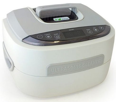 Limpa-objetos ultrasónico branco e cinza com painel frontal e tampa transparente