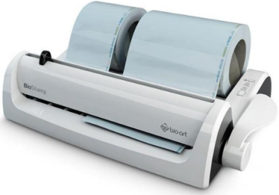 Impressora de carimbos bio-art BigStamp com dois rolos de papel azul claro