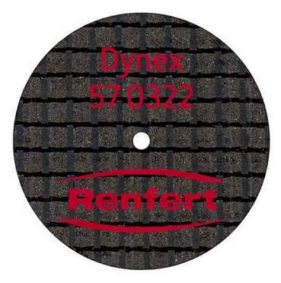 Disco abrasivo preto com texto vermelho Dynex 570322 Renfert e furo central.