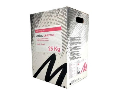 Caixa de gesso duro para moldes Ventura Pinkmod 25 Kg em caixa de cartão branca, cinza, rosa e preta.