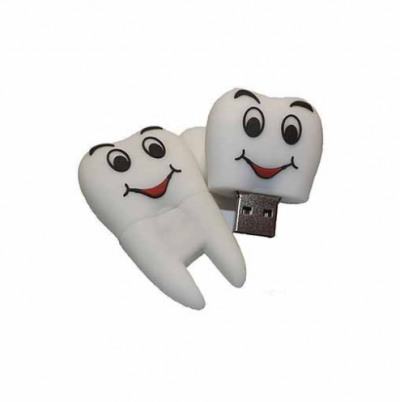 Pen USB em forma de dente branco com rosto sorridente