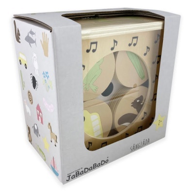 Cubos de blocos infantis de madeira com animais e notas musicais na embalagem JaBaDaBaDo