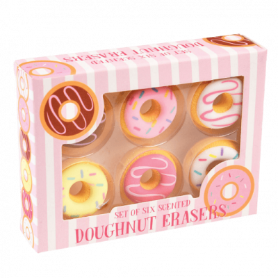 Caixa cor-de-rosa e branca com 6 borrachas em forma de doughnuts coloridos