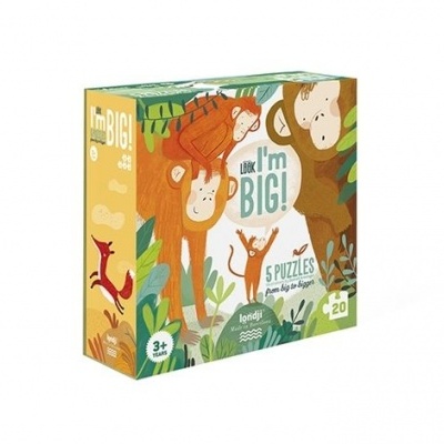 Caixa de puzzles infantis com ilustrações de macacos e texto be BIG!