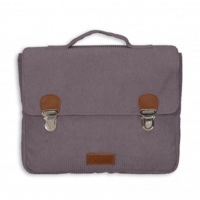 Pasta cinza em veludo cotelê com fechos metálicos e detalhes em pele castanha