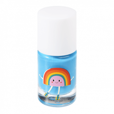 Verniz de unhas azul claro com tampa branca e arco-íris sorridente na embalagem