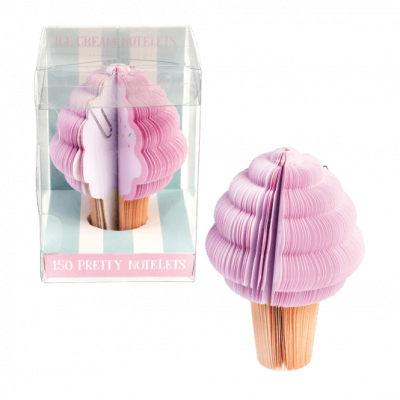 Bloco de notas em forma de gelado rosa com base castanha e caixa transparente