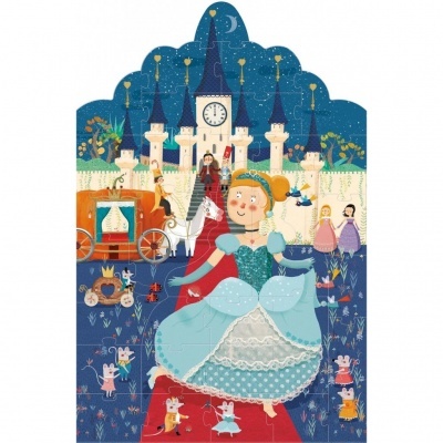 Ilustração de princesa em vestido azul e castelo ao fundo
