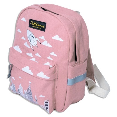 Mochila cor-de-rosa com estampas de nuvens, foguete e edifícios, etiqueta Pellammi DOUBLE SIDE.