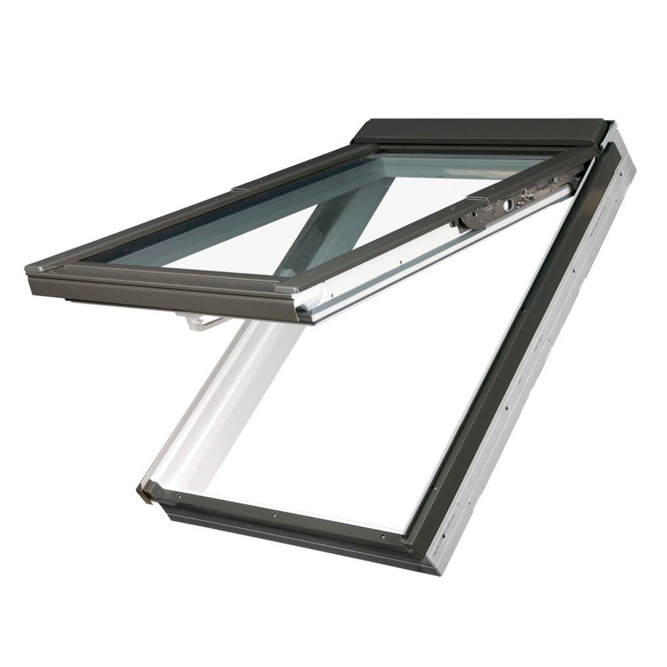 Janela metálica cinzenta escura com vidro transparente e mecanismo de abertura