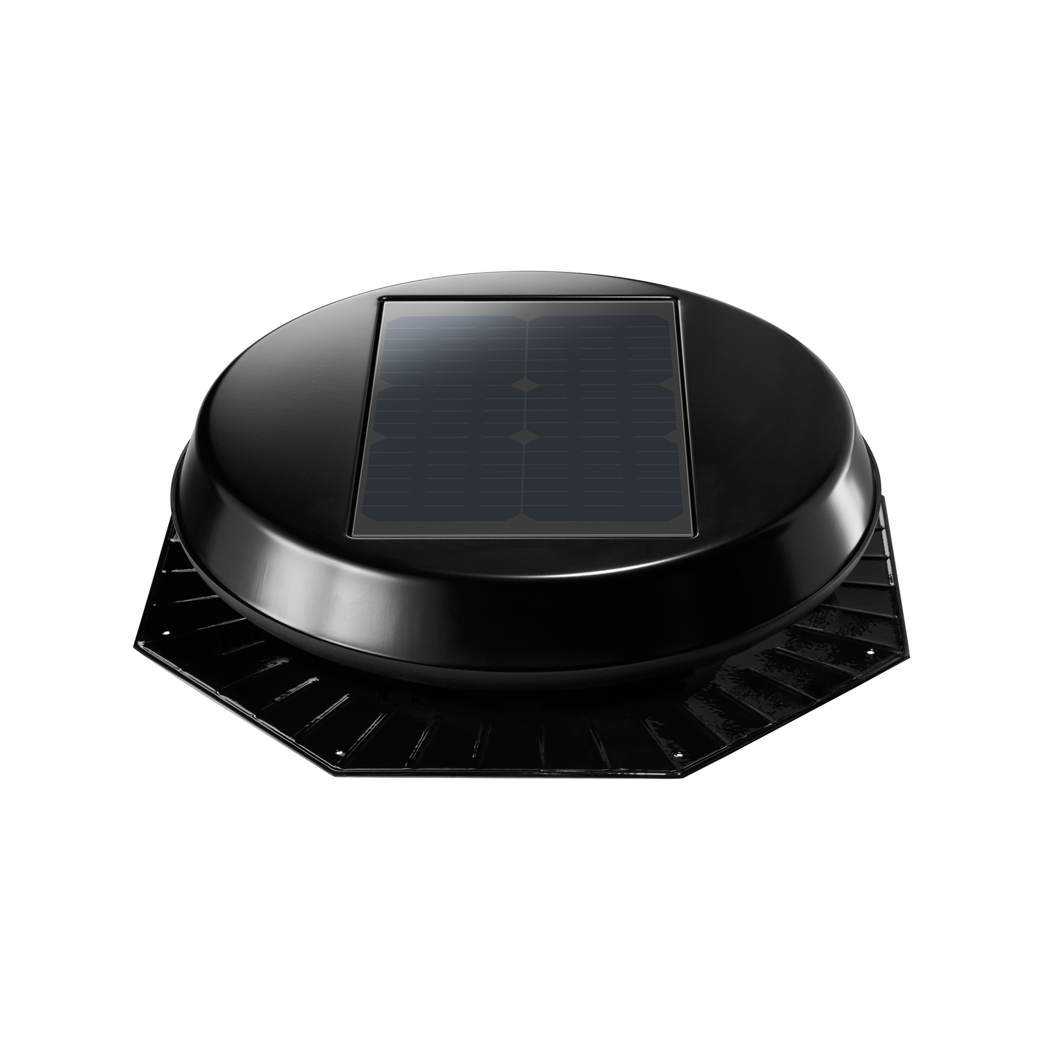Dispositivo redondo preto com painel solar no centro e base octogonal