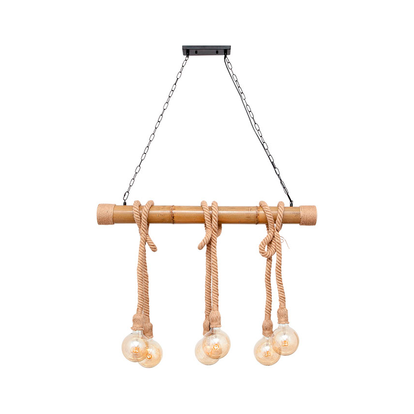 Luminária suspensa de madeira clara com cordas e lâmpadas expostas