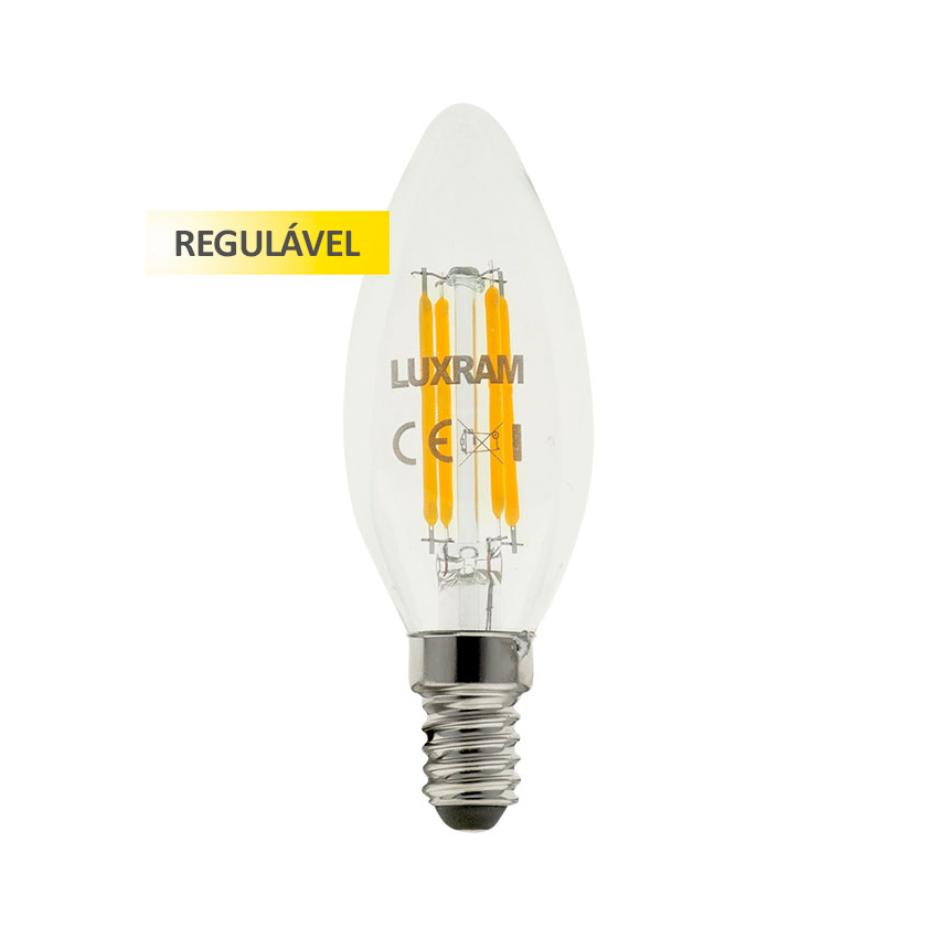 Lâmpada LED filamento tipo vela com base metálica e etiqueta REGULÁVEL