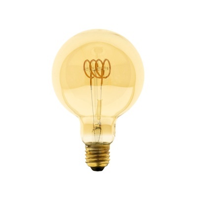 Lâmpada incandescente redonda com vidro âmbar e base metálica dourada