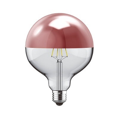 Lâmpada LED com filamento, vidro transparente e topo rosa metálico