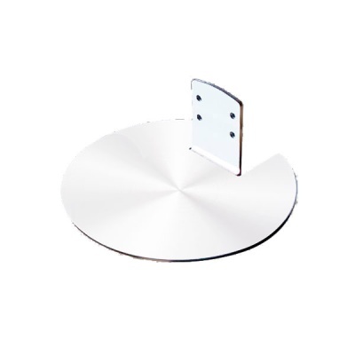 Base metálica redonda prateada com suporte vertical branco com furos pretos